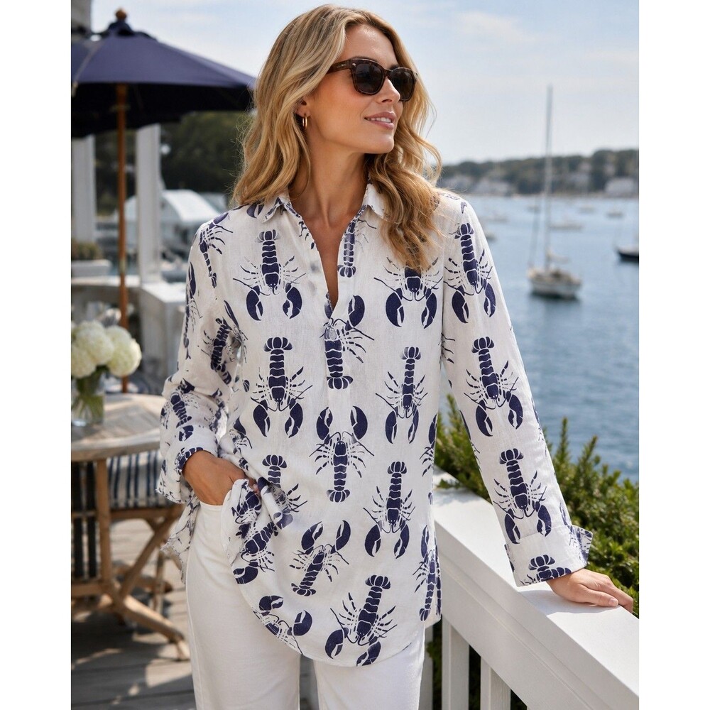 Sigrid Olsen M Linen Viscose Lobster Print Tunic Shirt Navy White Coastal